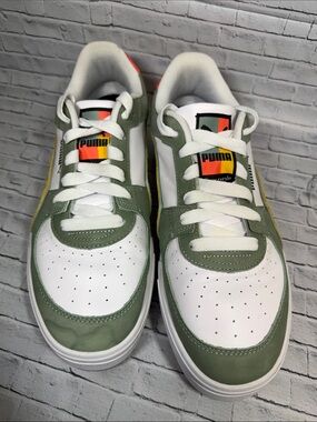Puma White and Olive Green Low-Top Sneakers with Yellow Accent